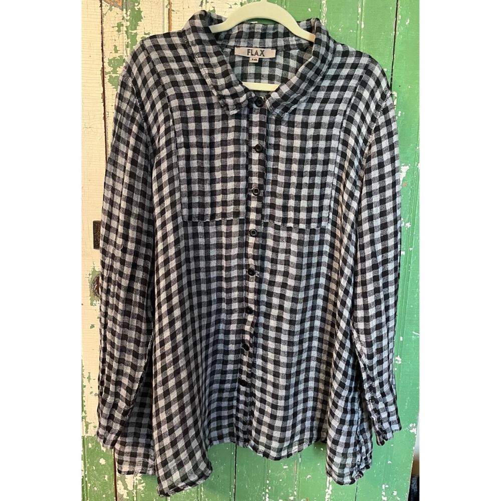 Flax Linen Cute Black & White Gingham Button-Up Tunic Shirt Size 1G